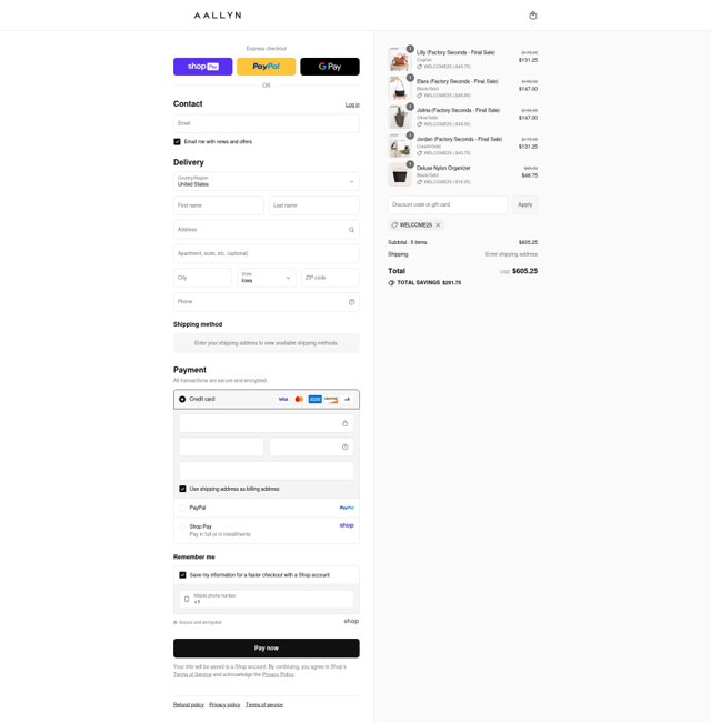 Aallyn checkout page showing Aallyn promo code box | Screenshot taken by SimplyCodes community member on Aug 27, 2025
