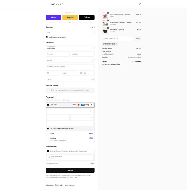 Aallyn checkout page showing Aallyn promo code box | Screenshot taken by SimplyCodes community member on Sep 4, 2025