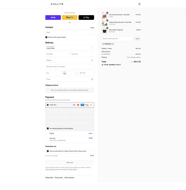 Aallyn checkout page showing Aallyn promo code box | Screenshot taken by SimplyCodes community member on Sep 4, 2025