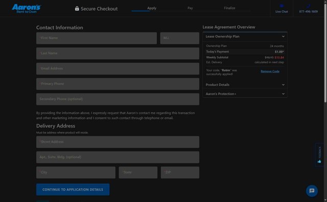 Aaron's checkout page showing Aaron's promo code box | Screenshot taken by SimplyCodes community member on May 22, 2025