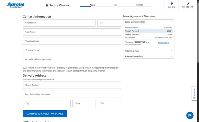 Aaron's checkout page showing Aaron's promo code box | Screenshot taken by SimplyCodes community member on May 22, 2025