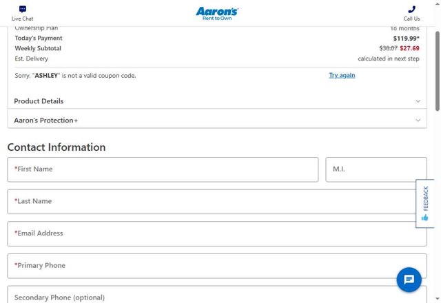 Aaron's checkout page showing Aaron's promo code box | Screenshot taken by SimplyCodes community member on May 22, 2025