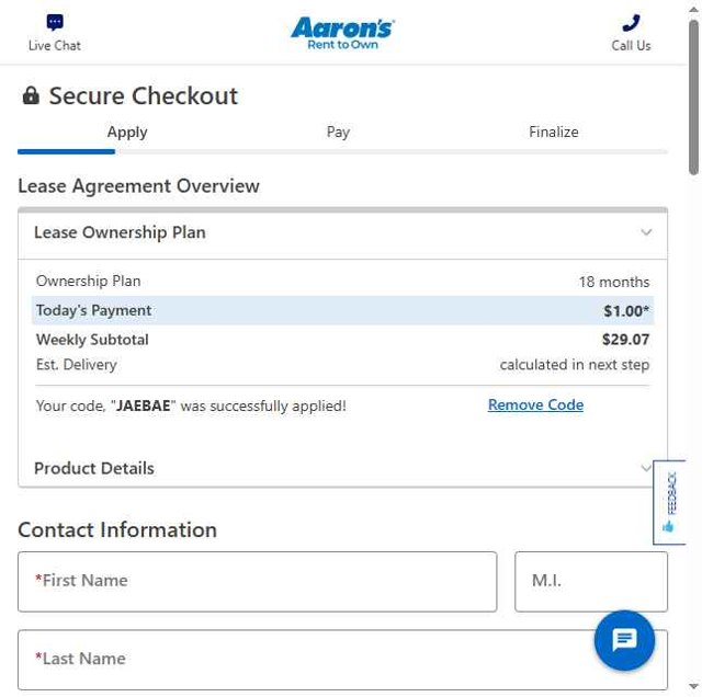 Aaron's checkout page showing Aaron's promo code box | Screenshot taken by SimplyCodes community member on Apr 23, 2025