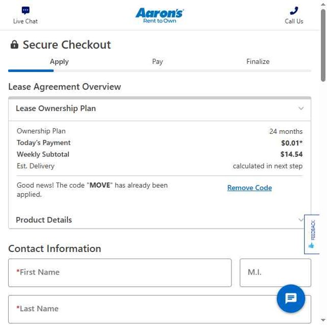 Aaron's checkout page showing Aaron's promo code box | Screenshot taken by SimplyCodes community member on May 6, 2025