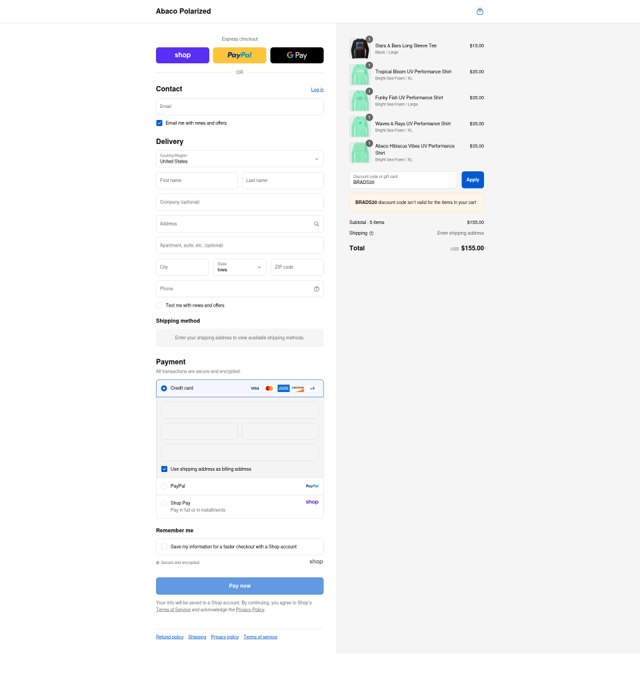 Abaco Polarized checkout page showing Abaco Polarized coupon code box | Screenshot taken by SimplyCodes community member on Aug 29, 2025