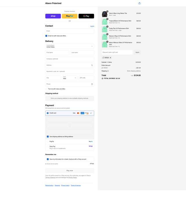 Abaco Polarized checkout page showing Abaco Polarized coupon code box | Screenshot taken by SimplyCodes community member on Aug 29, 2025