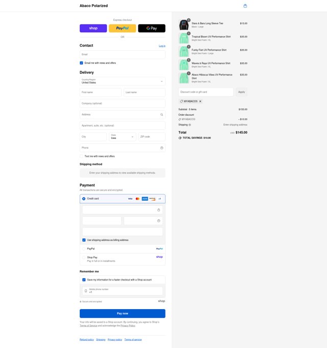 Abaco Polarized checkout page showing Abaco Polarized coupon code box | Screenshot taken by SimplyCodes community member on Sep 2, 2025