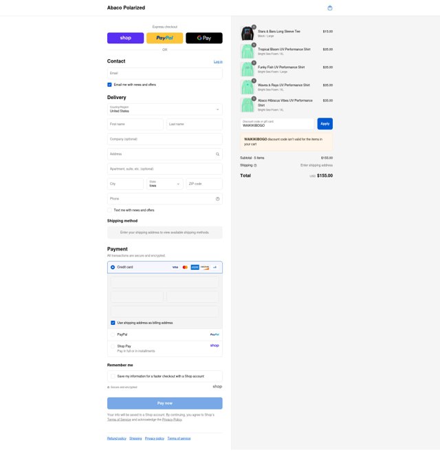Abaco Polarized checkout page showing Abaco Polarized coupon code box | Screenshot taken by SimplyCodes community member on Aug 29, 2025