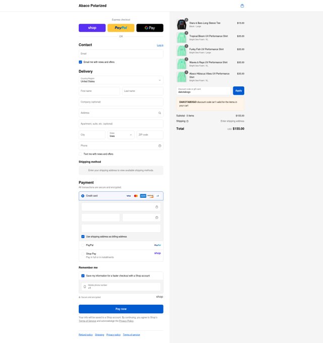 Abaco Polarized checkout page showing Abaco Polarized coupon code box | Screenshot taken by SimplyCodes community member on Aug 29, 2025