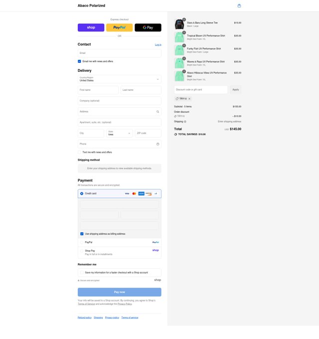 Abaco Polarized checkout page showing Abaco Polarized coupon code box | Screenshot taken by SimplyCodes community member on Sep 2, 2025