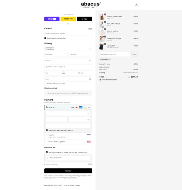 Abacus Sportswear US checkout page showing Abacus Sportswear US promo code box | Screenshot taken by SimplyCodes community member on Aug 25, 2025