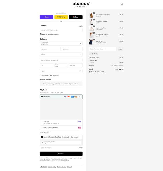 Abacus Sportswear US checkout page showing Abacus Sportswear US promo code box | Screenshot taken by SimplyCodes community member on Aug 29, 2025