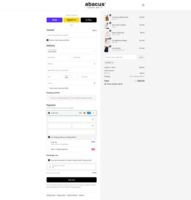 Abacus Sportswear US checkout page showing Abacus Sportswear US promo code box | Screenshot taken by SimplyCodes community member on Sep 10, 2025