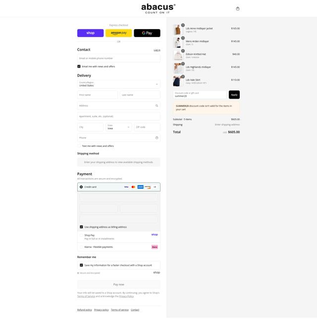 Abacus Sportswear US checkout page showing Abacus Sportswear US promo code box | Screenshot taken by SimplyCodes community member on Sep 6, 2025
