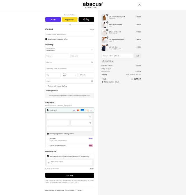 Abacus Sportswear US checkout page showing Abacus Sportswear US promo code box | Screenshot taken by SimplyCodes community member on Aug 29, 2025