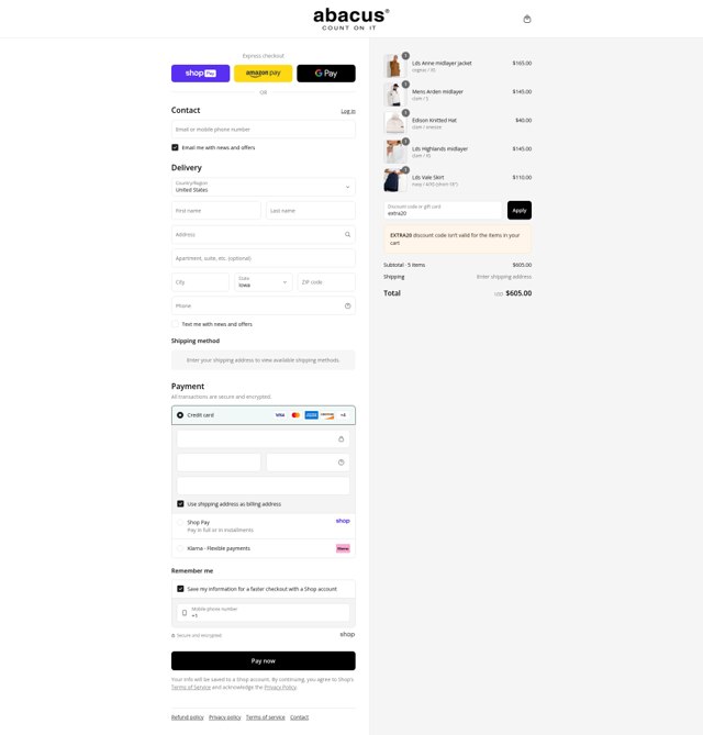 Abacus Sportswear US checkout page showing Abacus Sportswear US promo code box | Screenshot taken by SimplyCodes community member on Aug 25, 2025