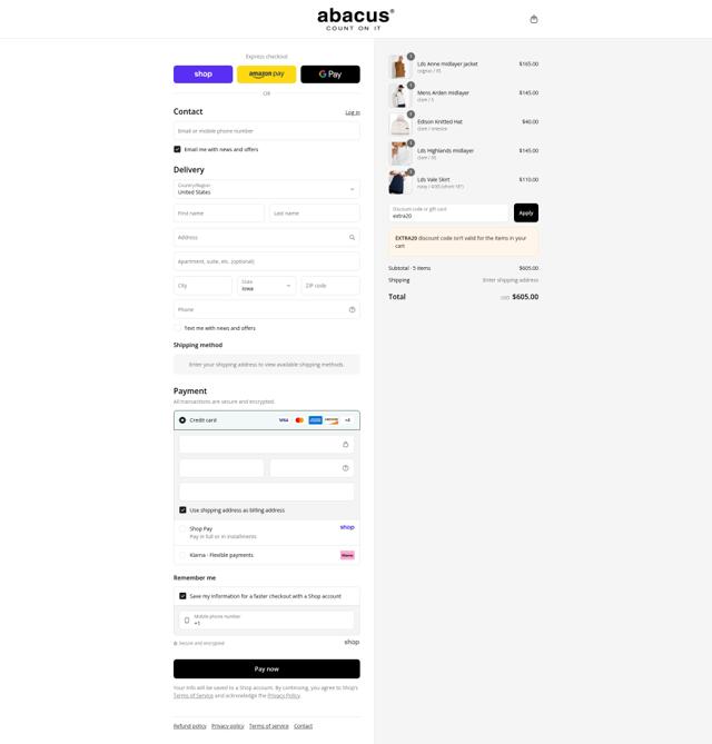 Abacus Sportswear US checkout page showing Abacus Sportswear US promo code box | Screenshot taken by SimplyCodes community member on Sep 6, 2025