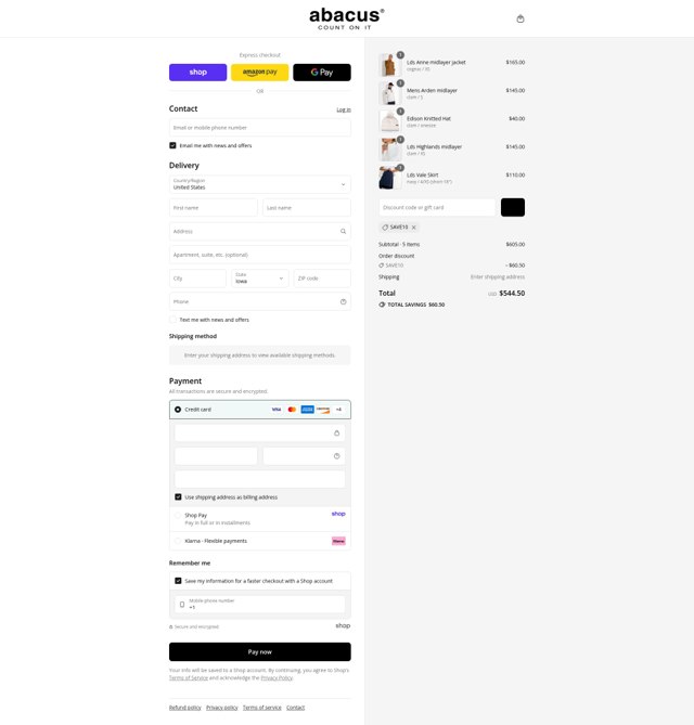 Abacus Sportswear US checkout page showing Abacus Sportswear US promo code box | Screenshot taken by SimplyCodes community member on Aug 29, 2025