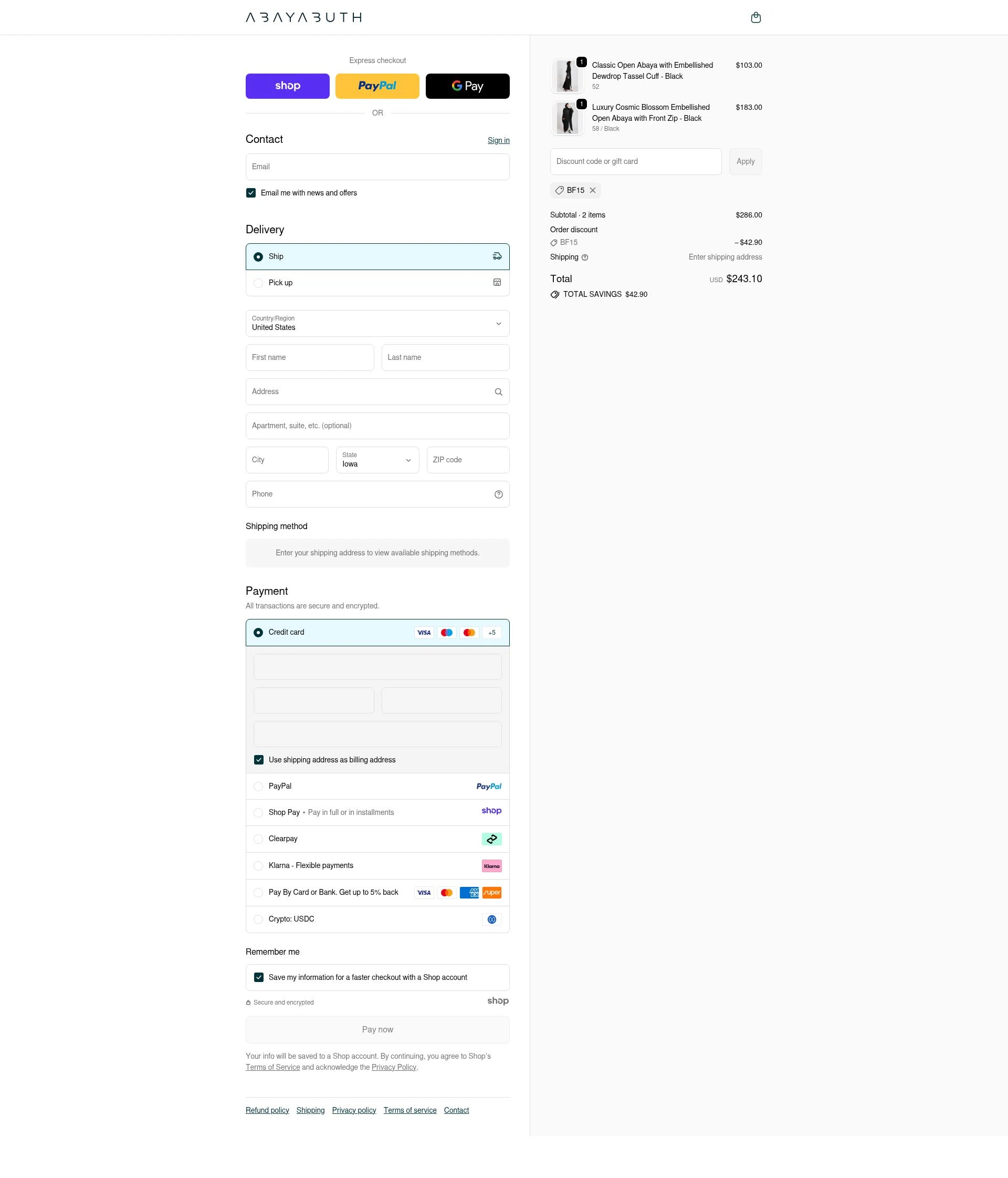 AbayaButh Online checkout page showing AbayaButh Online promo code box | Screenshot taken by SimplyCodes community member on Nov 30, 2025
