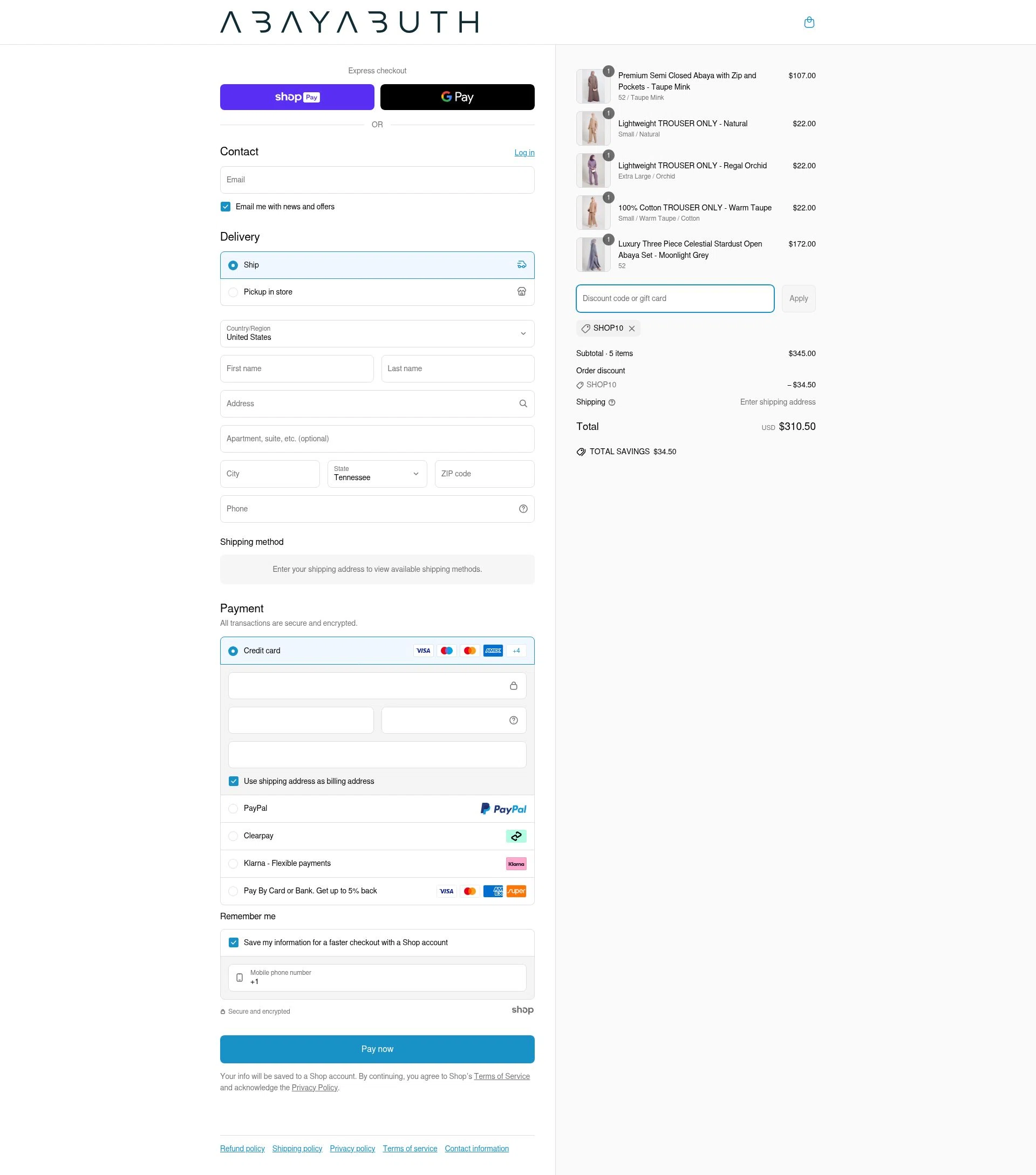 AbayaButh Online checkout page showing AbayaButh Online promo code box | Screenshot taken by SimplyCodes community member on Jun 22, 2025