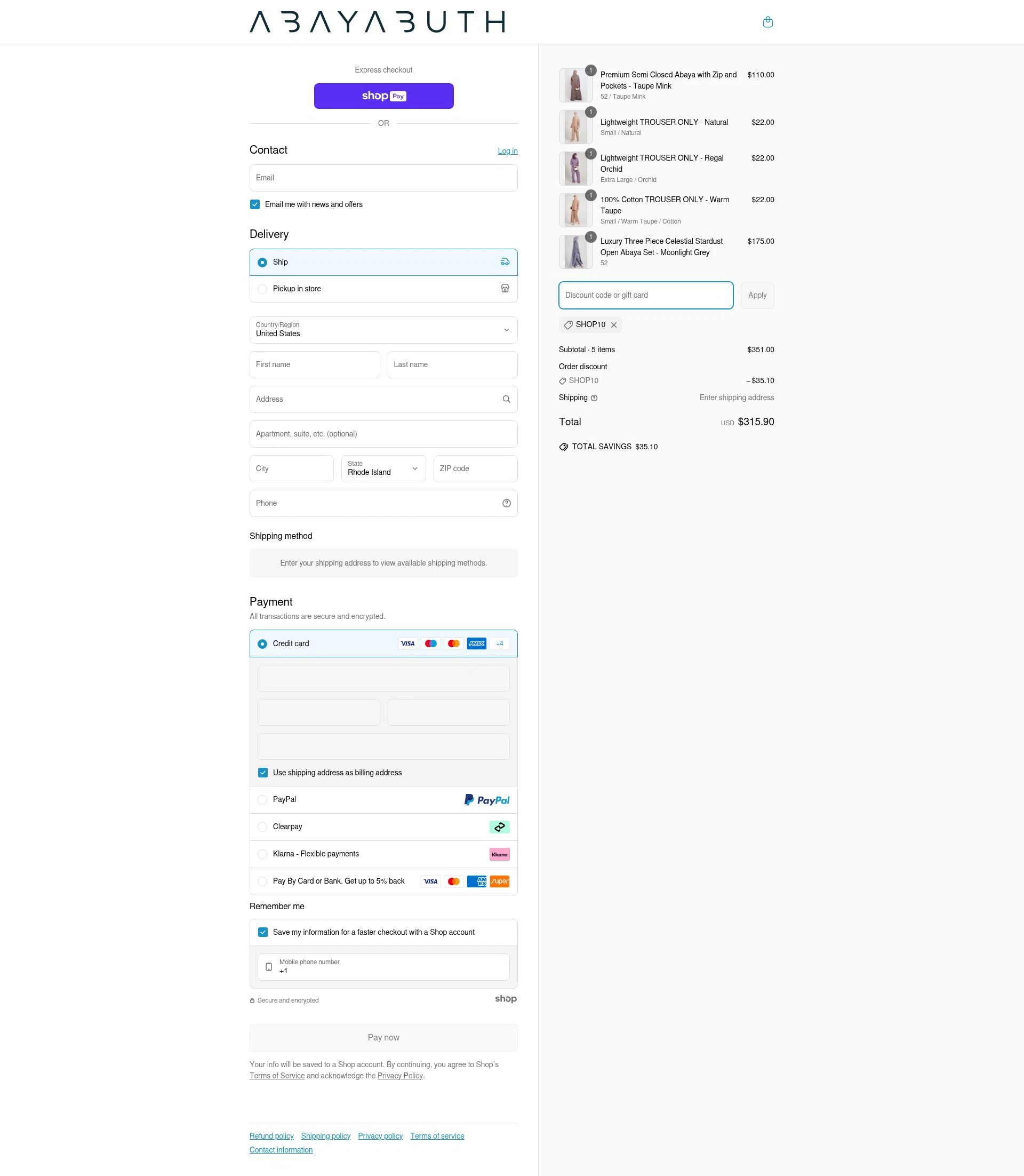 AbayaButh Online checkout page showing AbayaButh Online promo code box | Screenshot taken by SimplyCodes community member on Jun 26, 2025