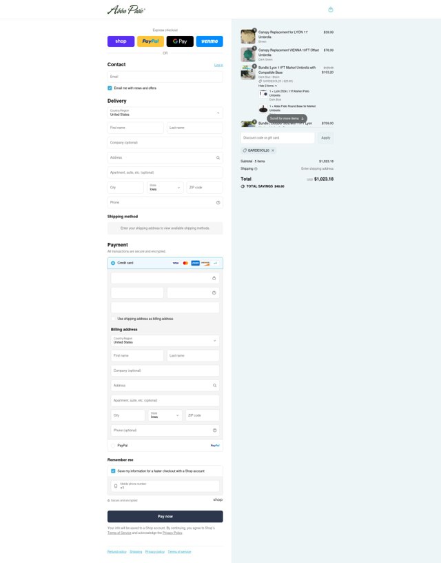 Abba Patio checkout page showing Abba Patio discount code box | Screenshot taken by SimplyCodes community member on Sep 4, 2025
