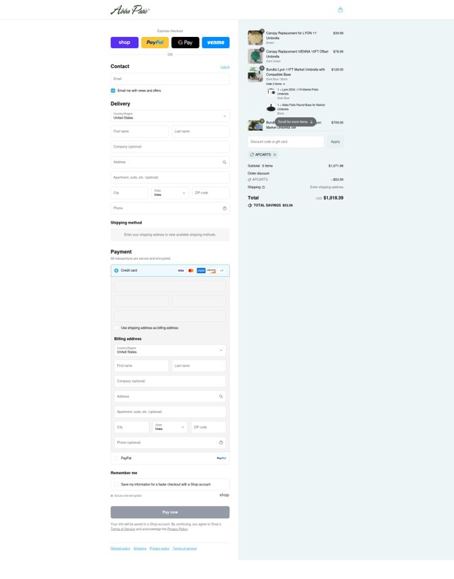 Abba Patio checkout page showing Abba Patio discount code box | Screenshot taken by SimplyCodes community member on Sep 4, 2025