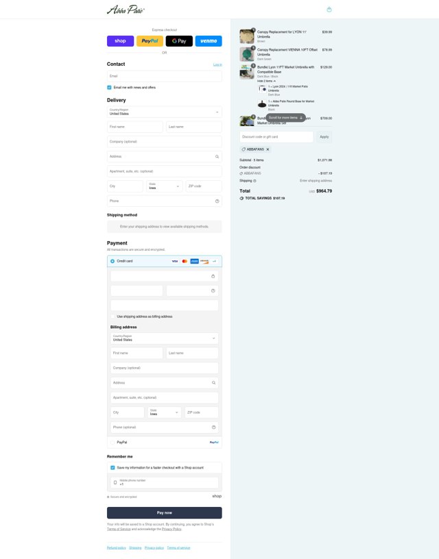 Abba Patio checkout page showing Abba Patio discount code box | Screenshot taken by SimplyCodes community member on Sep 4, 2025