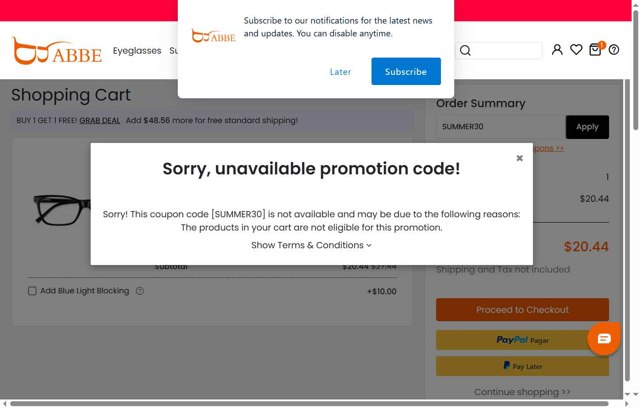 ABBE Glasses checkout page showing ABBE Glasses coupon code box | Screenshot taken by SimplyCodes community member on Aug 4, 2025