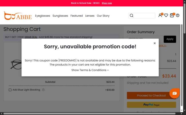 ABBE Glasses checkout page showing ABBE Glasses coupon code box | Screenshot taken by SimplyCodes community member on Aug 4, 2025