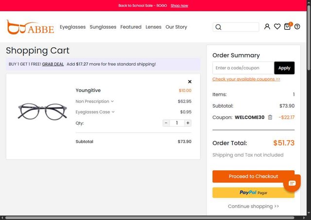 ABBE Glasses checkout page showing ABBE Glasses coupon code box | Screenshot taken by SimplyCodes community member on Aug 4, 2025
