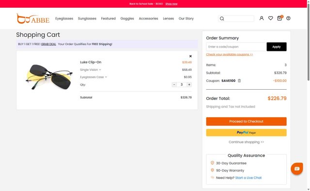 ABBE Glasses checkout page showing ABBE Glasses coupon code box | Screenshot taken by SimplyCodes community member on Aug 4, 2025