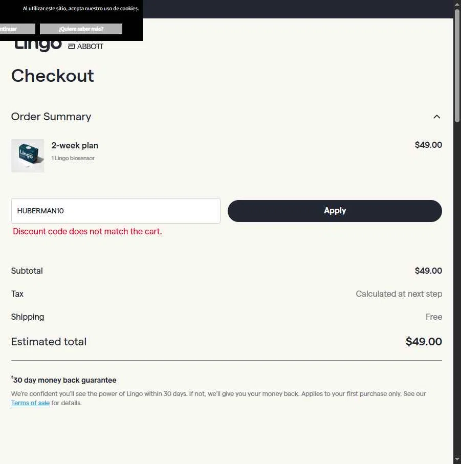 Abbott Lingo checkout page showing Abbott Lingo discount code box | Screenshot taken by SimplyCodes community member on Feb 4, 2026
