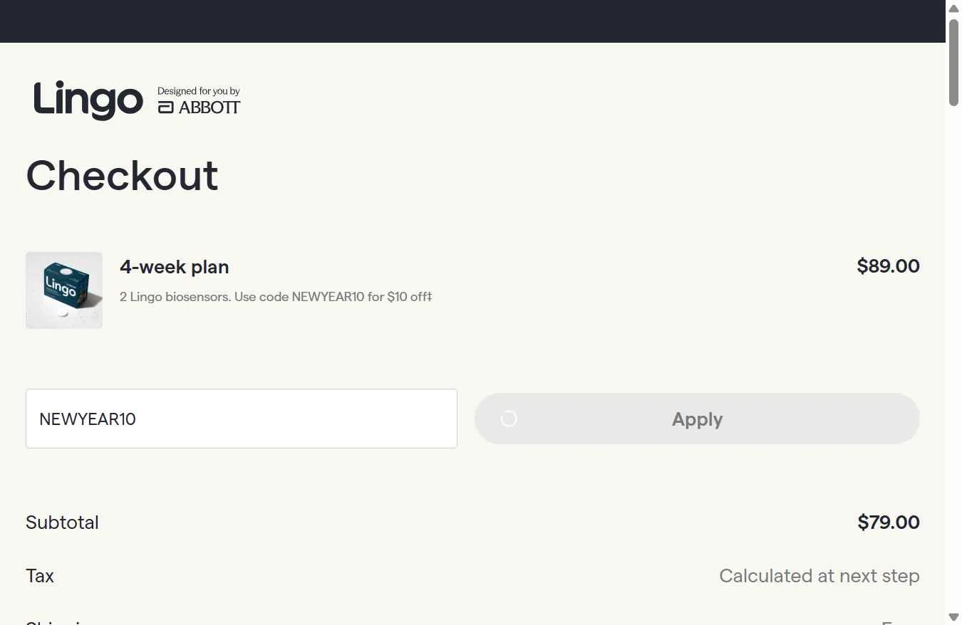 Abbott Lingo checkout page showing Abbott Lingo discount code box | Screenshot taken by SimplyCodes community member on Dec 26, 2025