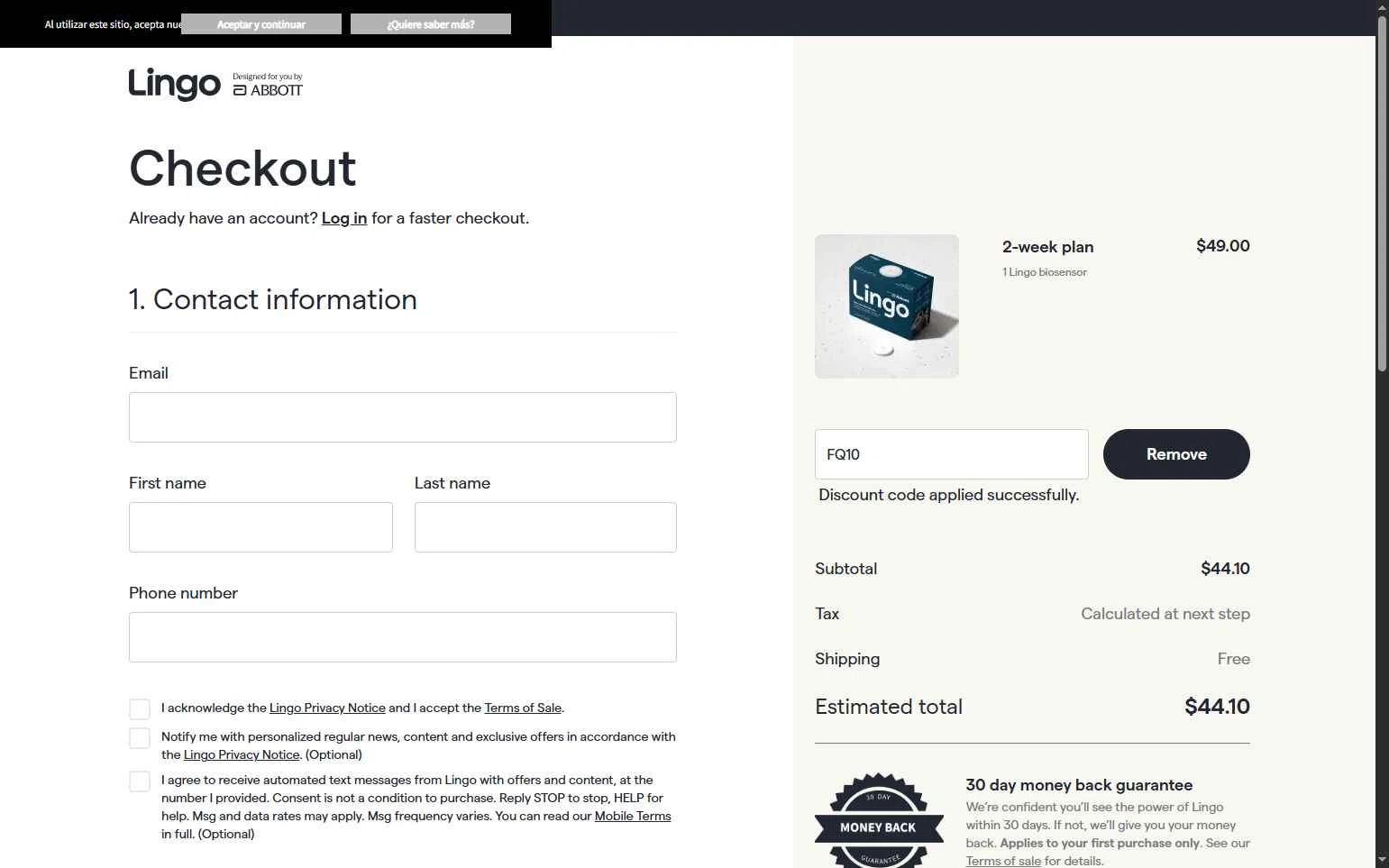 Abbott Lingo checkout page showing Abbott Lingo discount code box | Screenshot taken by SimplyCodes community member on Nov 29, 2025