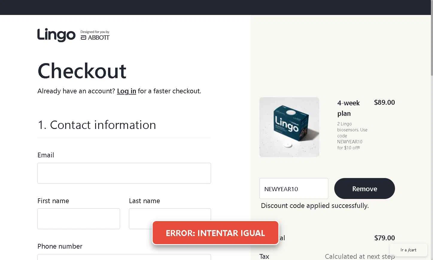 Abbott Lingo checkout page showing Abbott Lingo discount code box | Screenshot taken by SimplyCodes community member on Jan 15, 2026