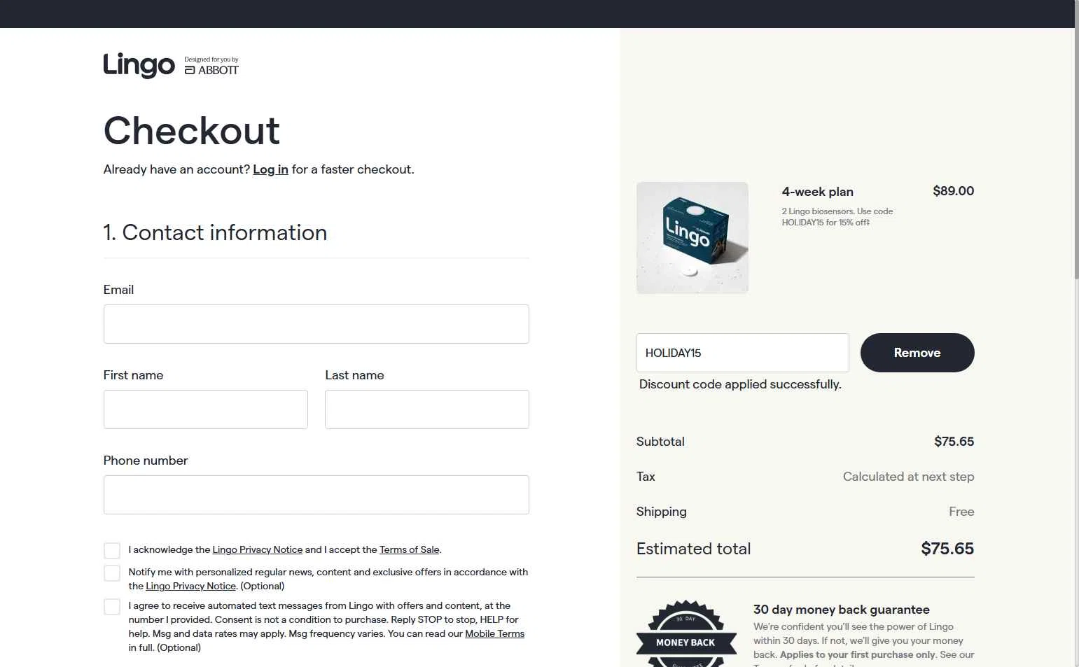 Abbott Lingo checkout page showing Abbott Lingo discount code box | Screenshot taken by SimplyCodes community member on Nov 24, 2025