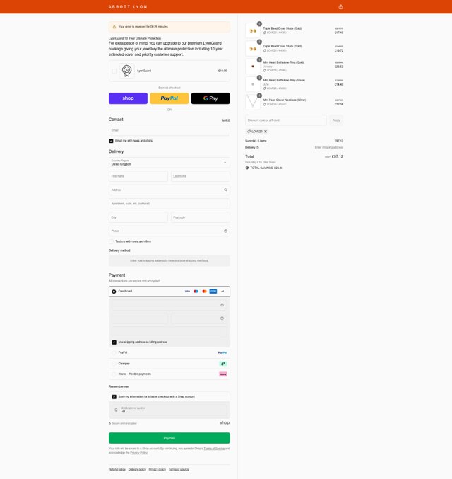 Abbott Lyon checkout page showing Abbott Lyon discount code box | Screenshot taken by SimplyCodes community member on Sep 4, 2025