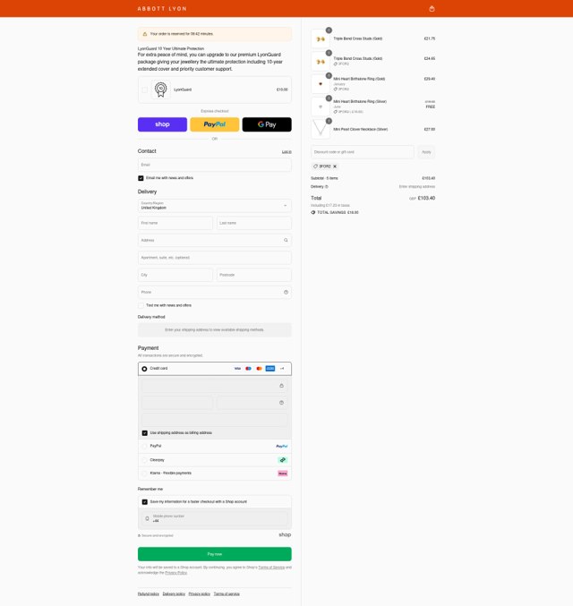 Abbott Lyon checkout page showing Abbott Lyon discount code box | Screenshot taken by SimplyCodes community member on Sep 4, 2025