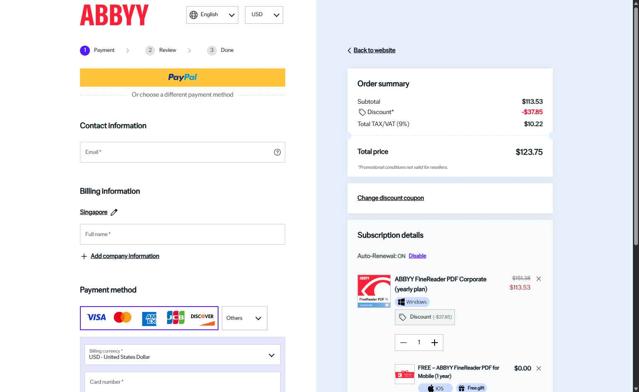 ABBYY checkout page showing ABBYY promo code box | Screenshot taken by SimplyCodes community member on Jul 3, 2025