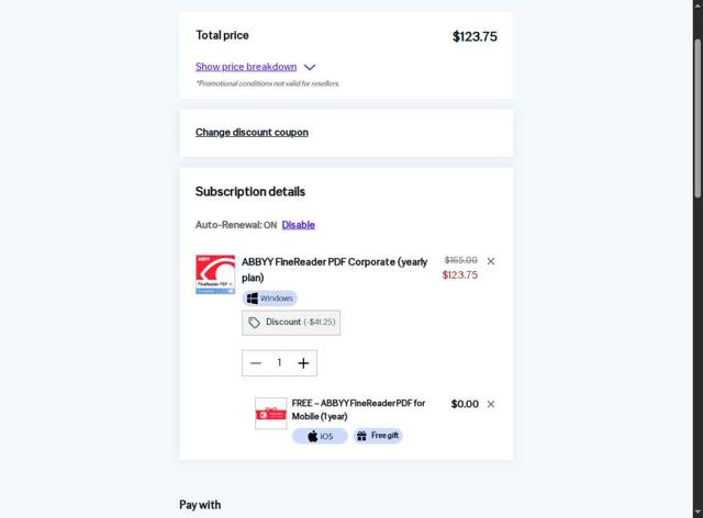 ABBYY checkout page showing ABBYY promo code box | Screenshot taken by SimplyCodes community member on May 25, 2025
