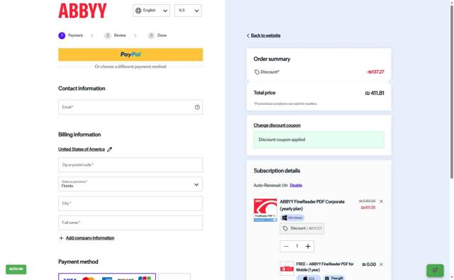 ABBYY checkout page showing ABBYY promo code box | Screenshot taken by SimplyCodes community member on Aug 31, 2025