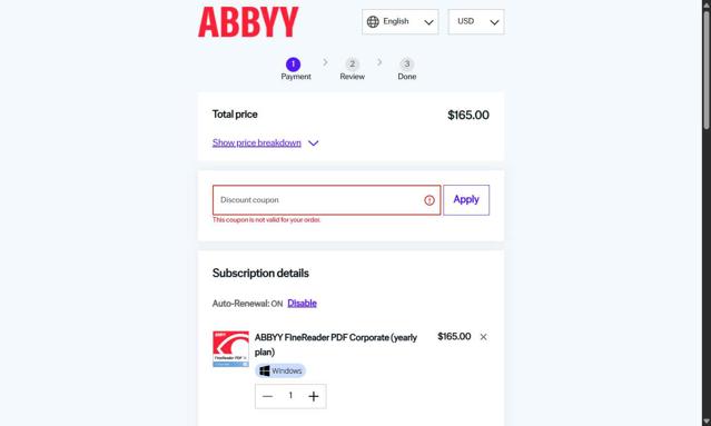 ABBYY checkout page showing ABBYY promo code box | Screenshot taken by SimplyCodes community member on Aug 21, 2025