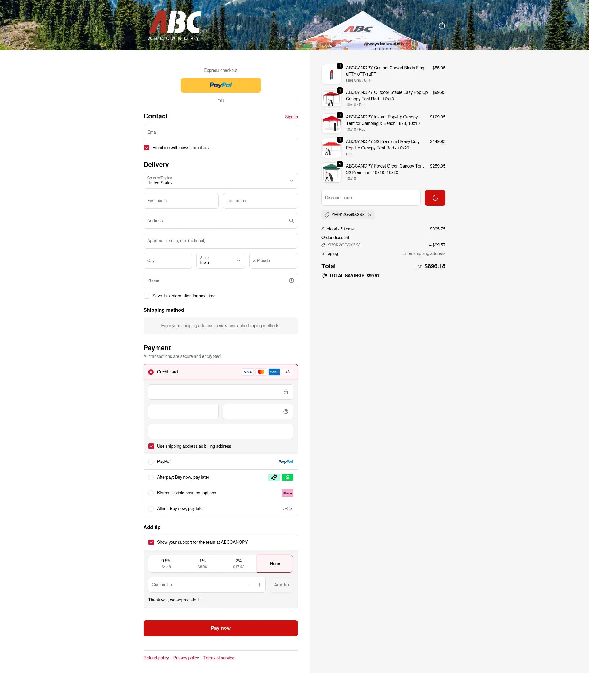 Abccanopy checkout page showing Abccanopy discount code box | Screenshot taken by SimplyCodes community member on Jan 23, 2026