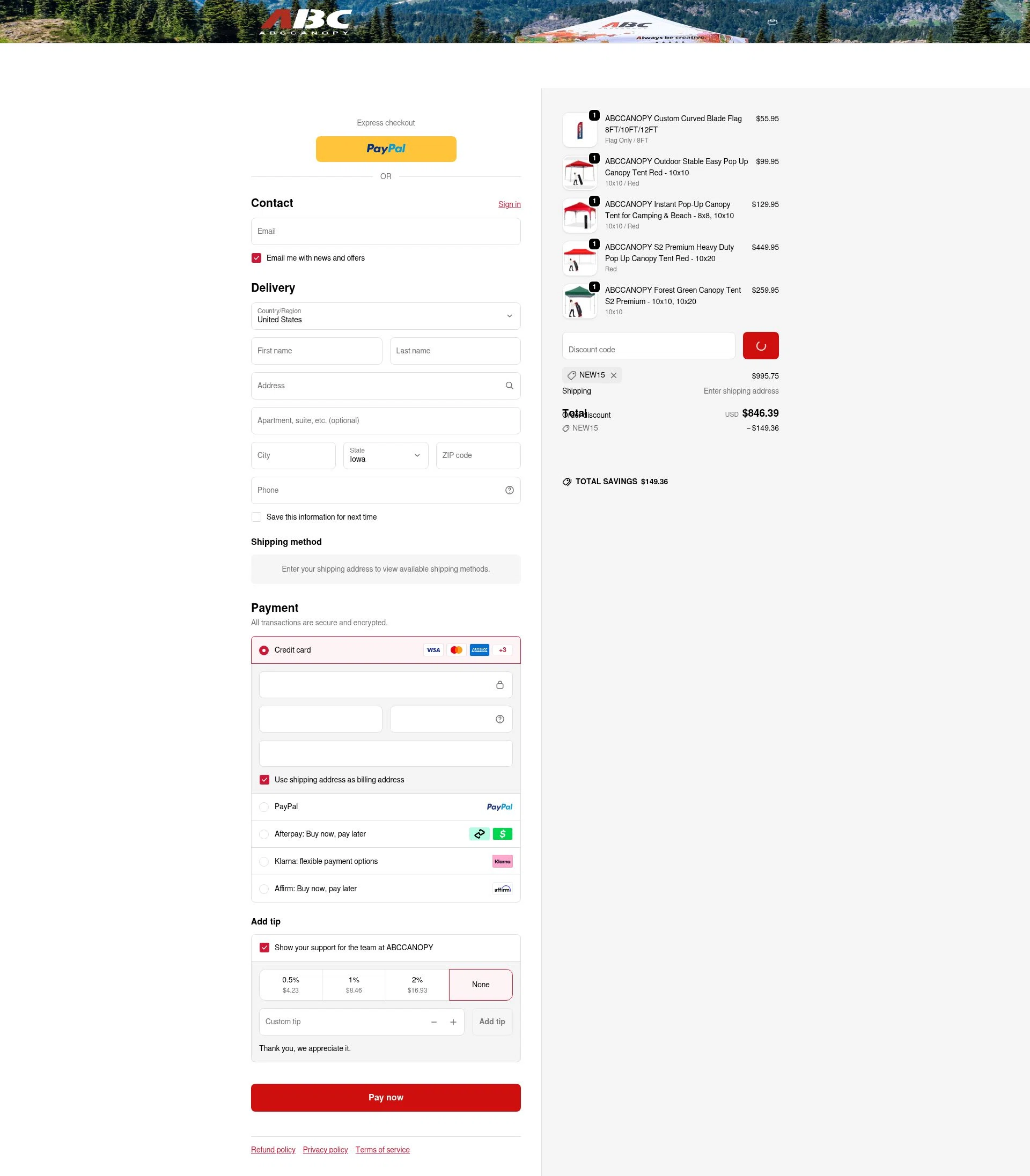 Abccanopy checkout page showing Abccanopy discount code box | Screenshot taken by SimplyCodes community member on Jan 23, 2026