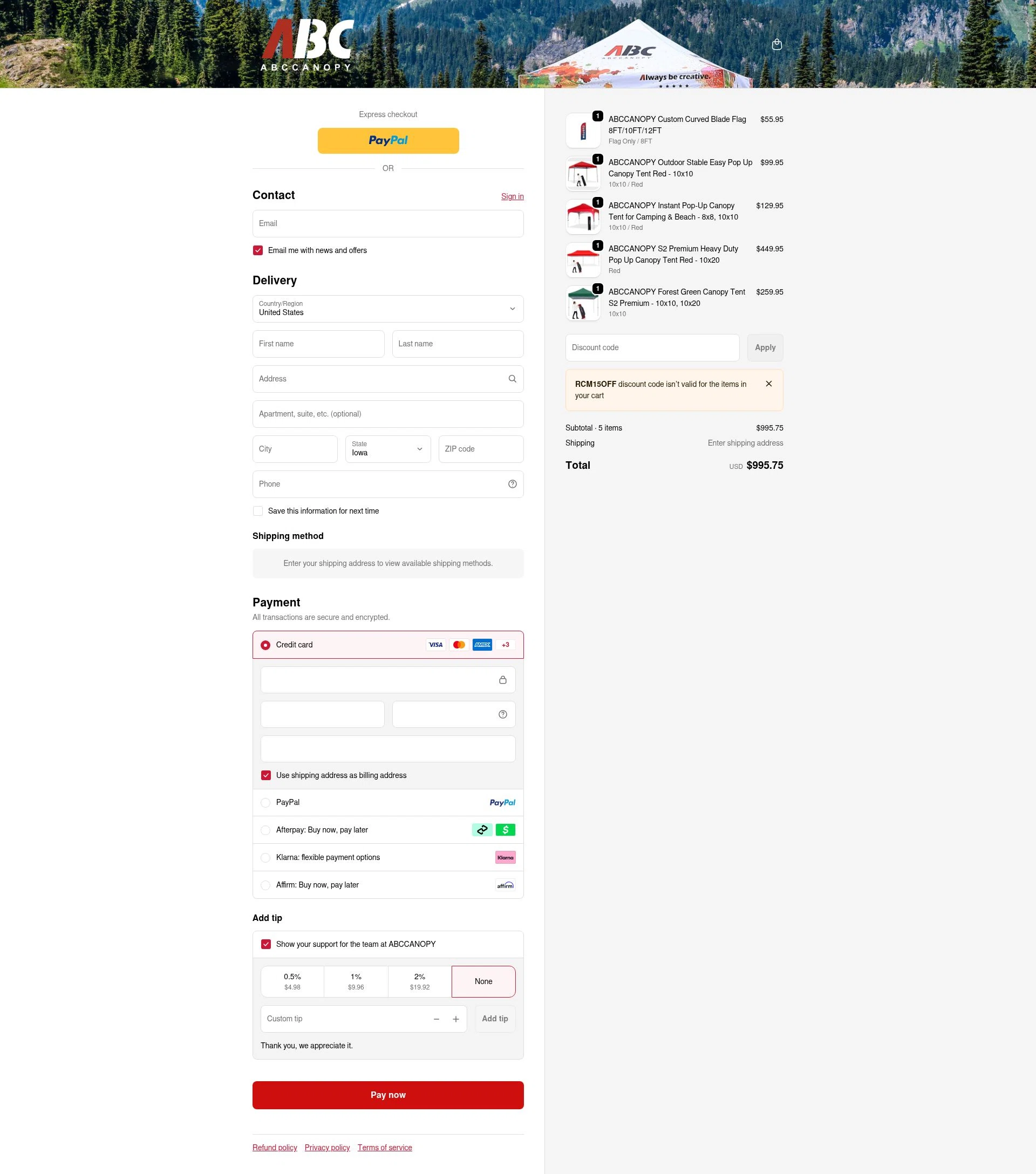 Abccanopy checkout page showing Abccanopy discount code box | Screenshot taken by SimplyCodes community member on Feb 5, 2026