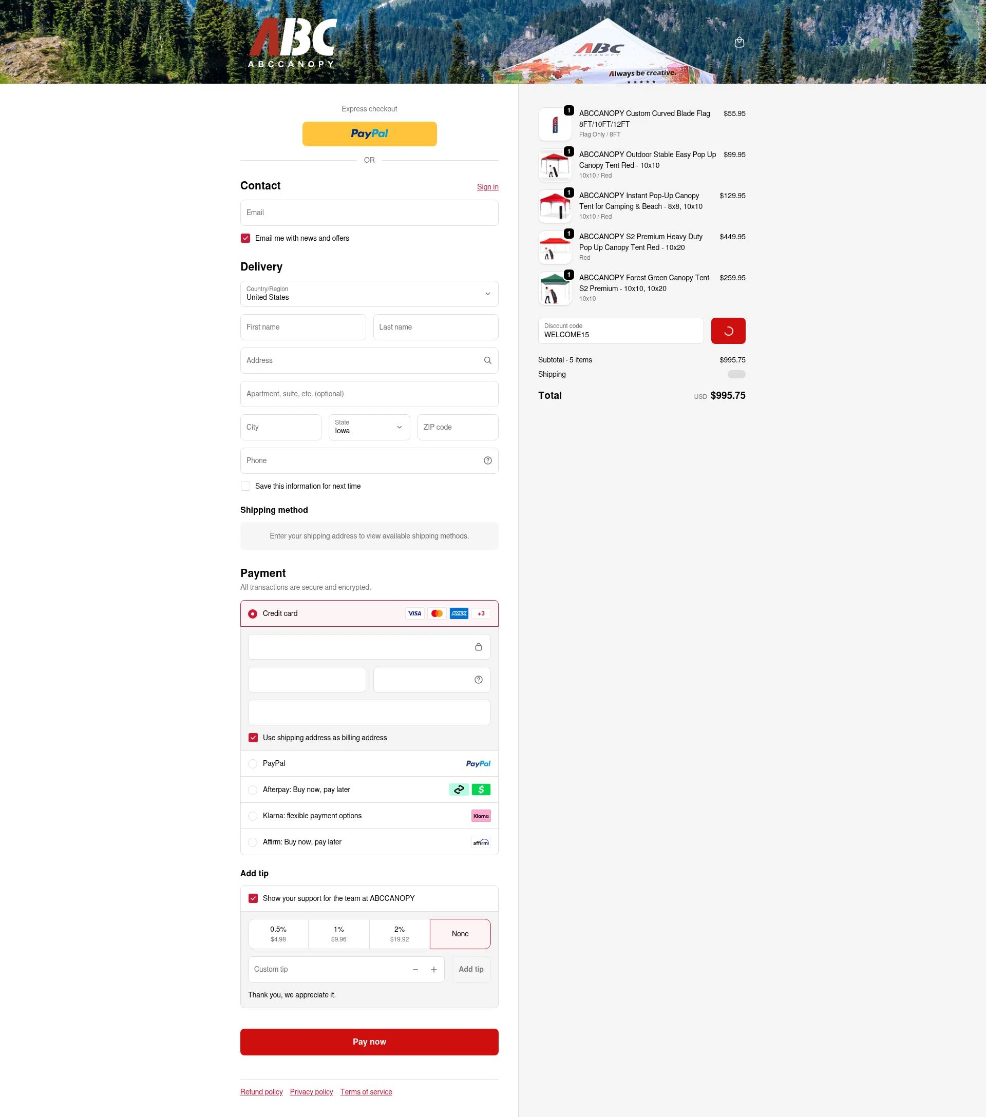 Abccanopy checkout page showing Abccanopy discount code box | Screenshot taken by SimplyCodes community member on Feb 5, 2026