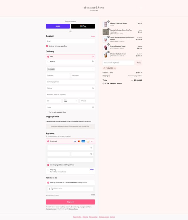 ABC Carpet & Home checkout page showing ABC Carpet & Home promo code box | Screenshot taken by SimplyCodes community member on Sep 3, 2025