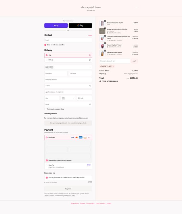 ABC Carpet & Home checkout page showing ABC Carpet & Home promo code box | Screenshot taken by SimplyCodes community member on Sep 3, 2025