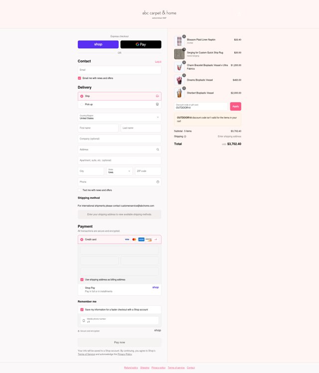 ABC Carpet & Home checkout page showing ABC Carpet & Home promo code box | Screenshot taken by SimplyCodes community member on Sep 3, 2025